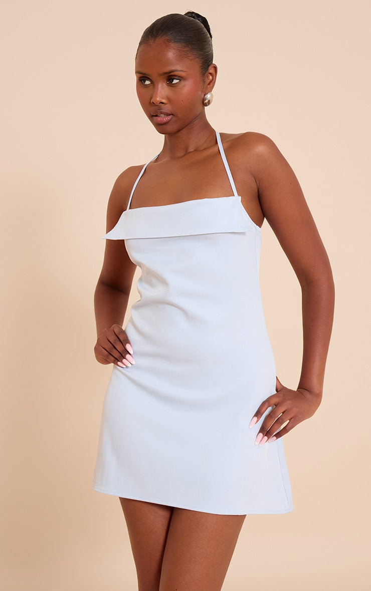 Blue Woven Spaghetti Halter Neck Shift Dress
