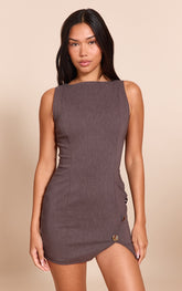 Chocolate Stretch Woven Trim Detail Bodycon Dress