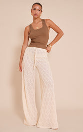 Cream Textured Crochet Drawstring Trousers