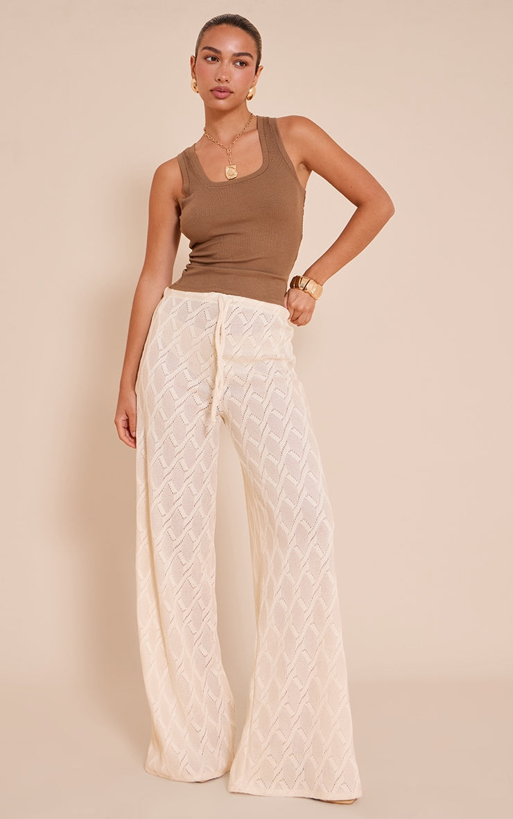 Cream Textured Crochet Drawstring Trousers