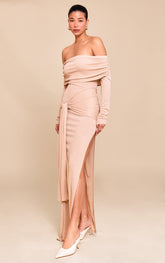 Taupe Onion Skin Bardot Tie Waist Maxi Dress