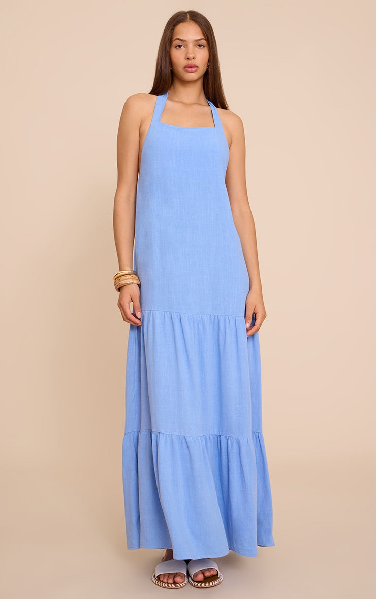 Sky Blue Textured Halterneck Drop Waist Maxi Dress