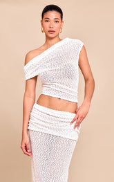 Cream Bobble Knit Asymmetric Ruched Long Top
