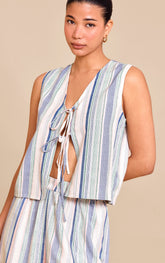 Pale Blue Linen Look Pinstripe Tie Front Waistcoat