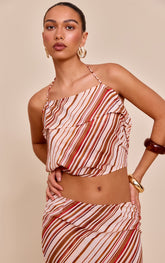 Rust Chiffon Striped Halterneck Strappy Top