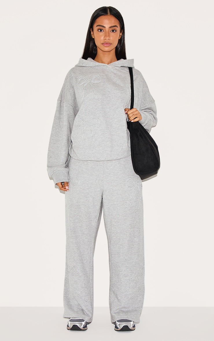 Petite Grey Marl Embossed Bow Detail Wide Leg Joggers