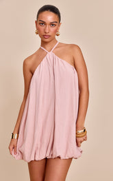 Blush Textured Halterneck Linen Look Puffball Dress