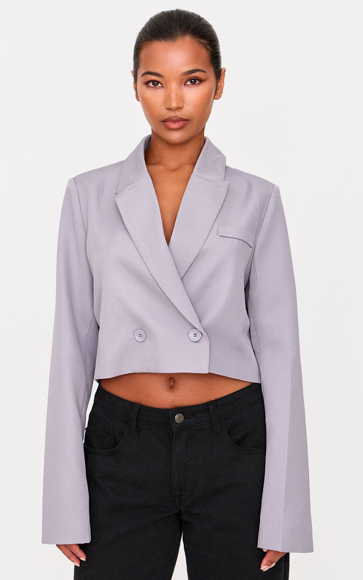 Grey Woven Cropped Shoulder Padded Blazer