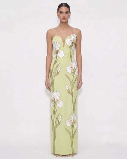 Iris Embroidered Notch Neck Strapless Maxi Dress - Emerald Green