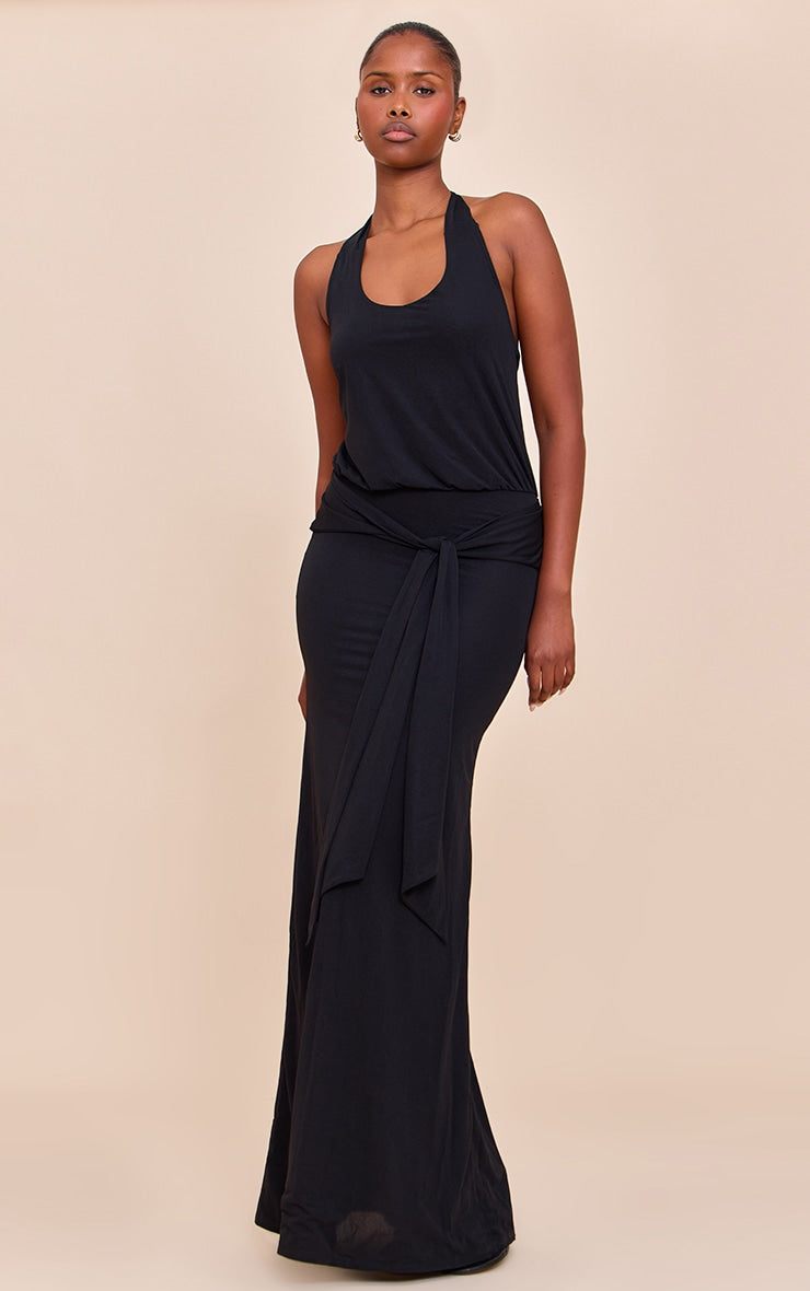 Black Double Layered Chiffon Halterneck Keyhole Maxi Dress