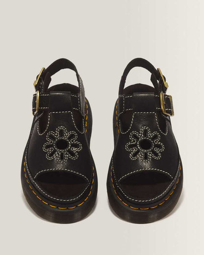 Dunnet Flower Full Grain Leather Sandals — Black