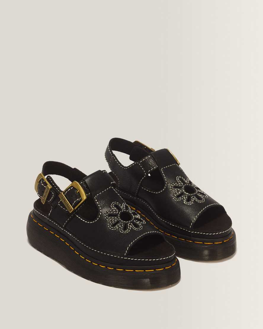 Dunnet Flower Full Grain Leather Sandals — Black