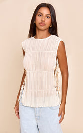 Petite Cream Sleeveless Pleated Tie Side Top