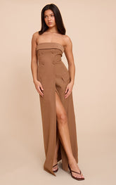 Taupe Tailored Woven Button Split Detail Bandeau Maxi Dress