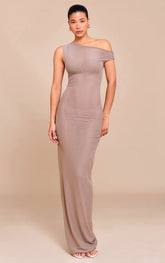 Taupe Double Layer Mesh Asymmetric Neck Maxi Dress