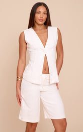 Tall White Premium Linen Look Button Waistcoat
