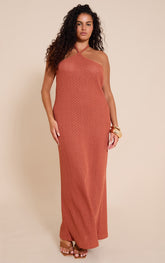 Plus Rust Textured Tie Halter Maxi Dress