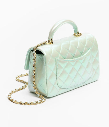 Mini Classic Handbag With Top Handle  Iridescent Calfskin & Gold-Tone Metal Light Green