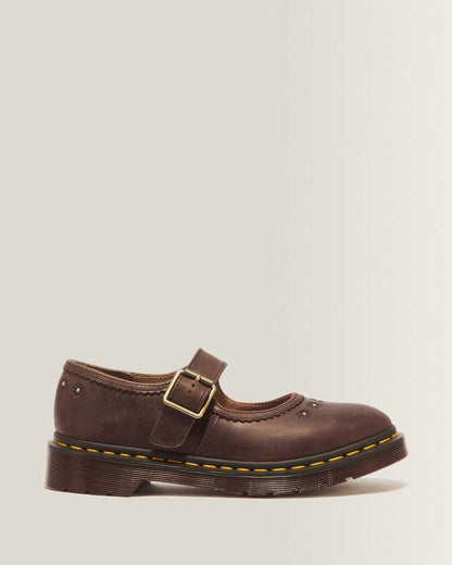 Mary Jane Flower Crazy Horse Leather Shoes — Dark Brown