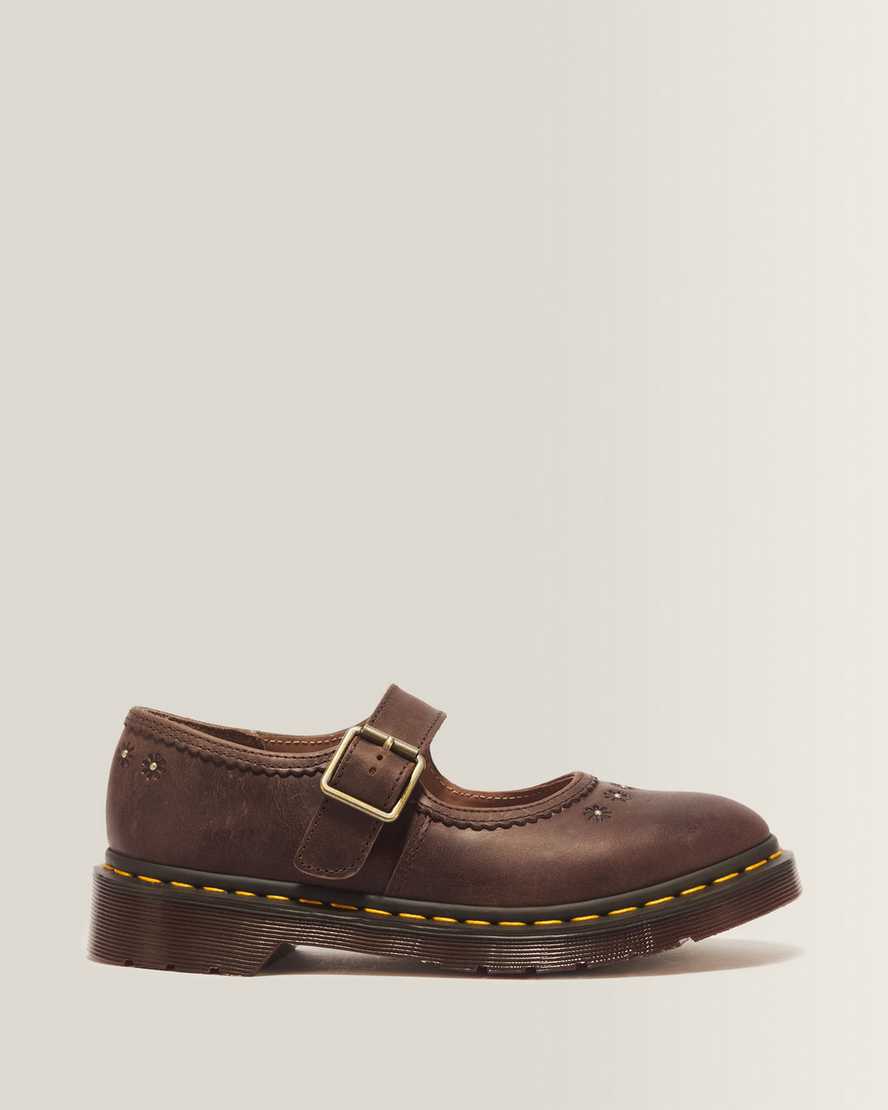 Mary Jane Flower Crazy Horse Leather Shoes — Dark Brown