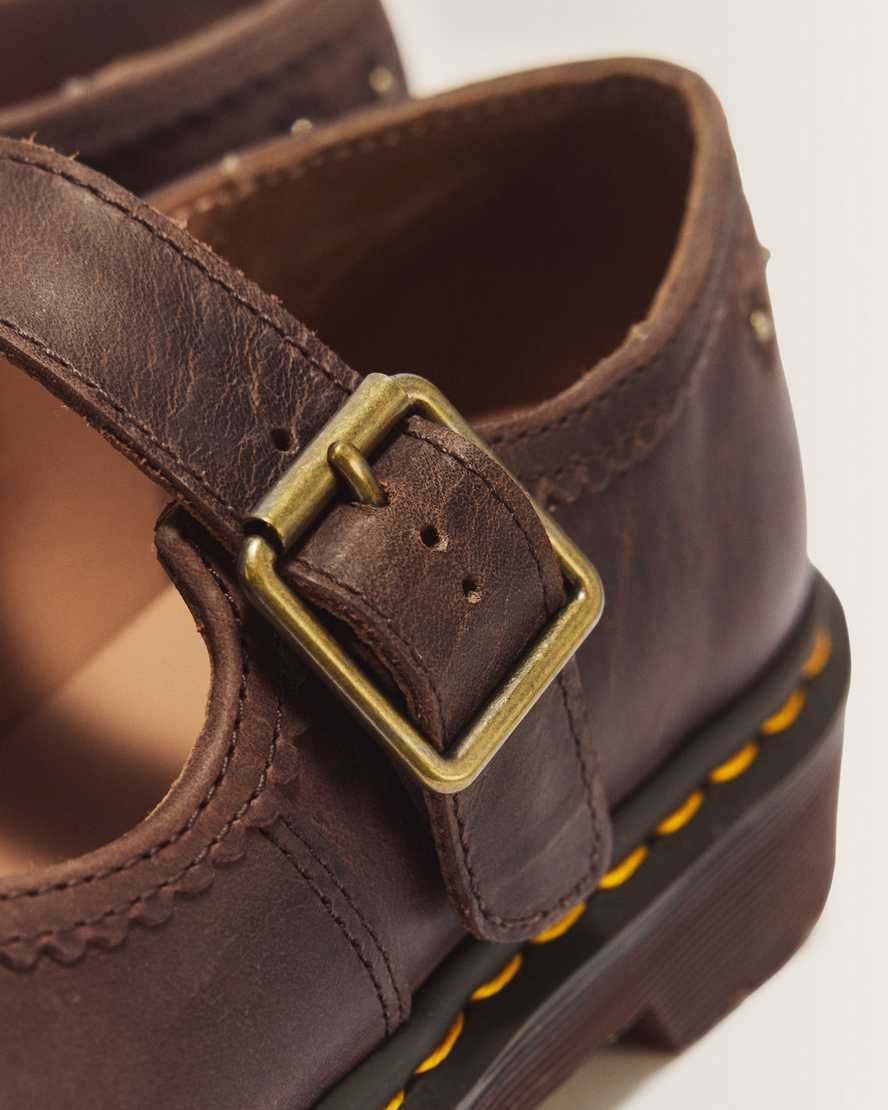 Mary Jane Flower Crazy Horse Leather Shoes — Dark Brown