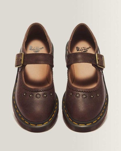 Mary Jane Flower Crazy Horse Leather Shoes — Dark Brown