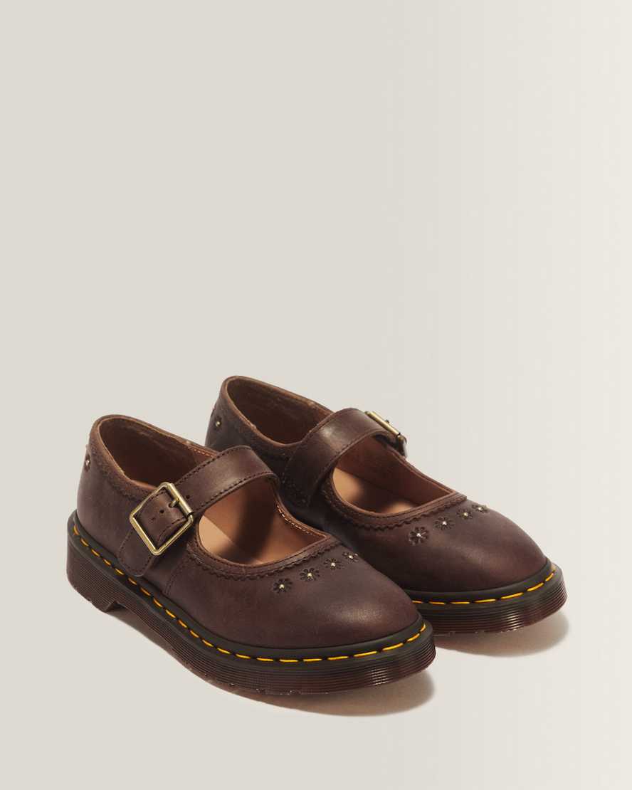 Mary Jane Flower Crazy Horse Leather Shoes — Dark Brown