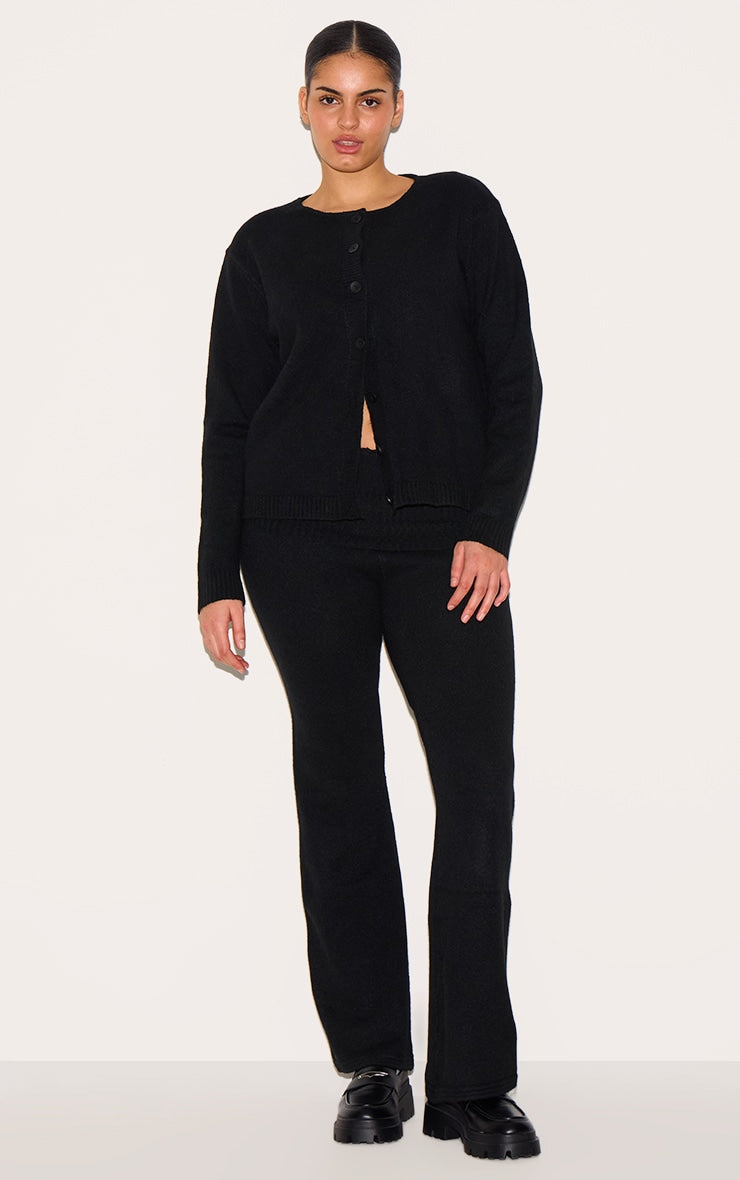 Plus Black Melange Soft Knit Foldover Waist Flared Trousers