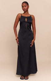 Black Satin Keyhole Cut Out Slip Dress