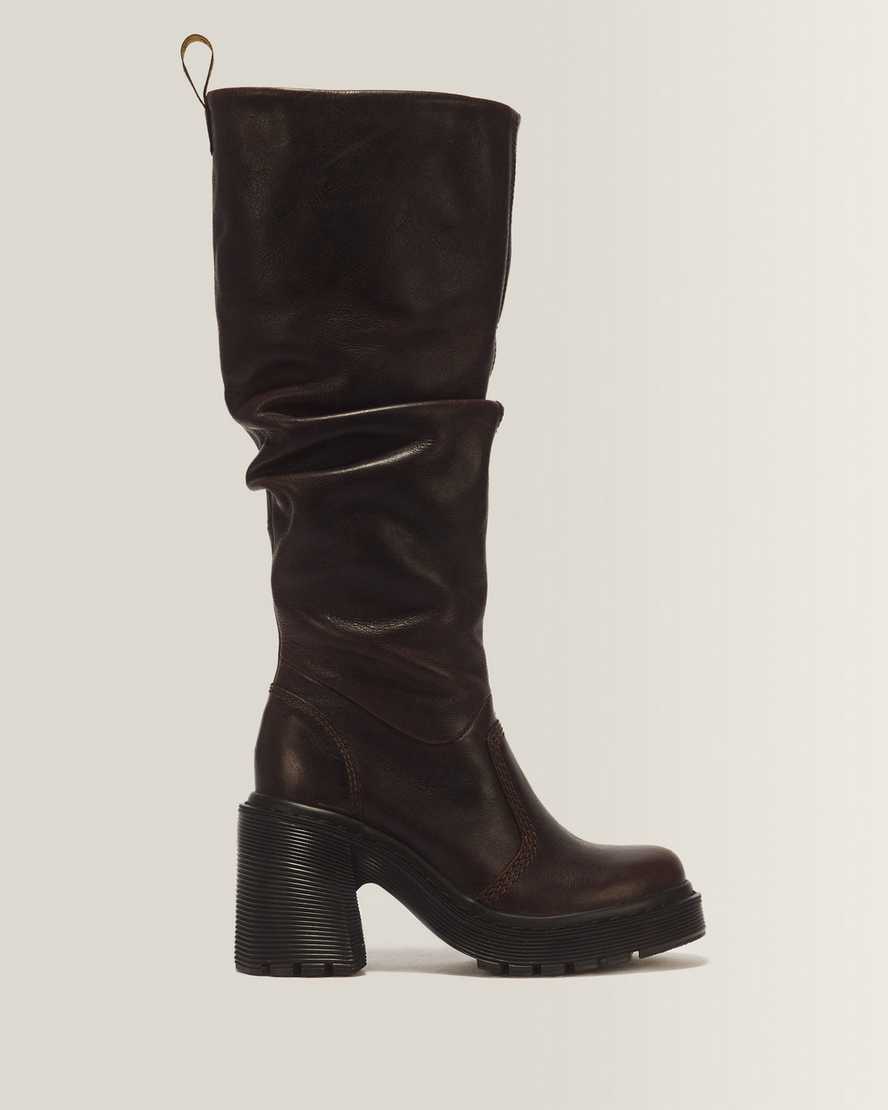 Kasey Kinsley Leather Knee High Heeled Boots — DARK BROWN