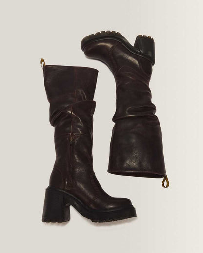 Kasey Kinsley Leather Knee High Heeled Boots — DARK BROWN
