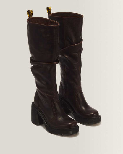 Kasey Kinsley Leather Knee High Heeled Boots — DARK BROWN