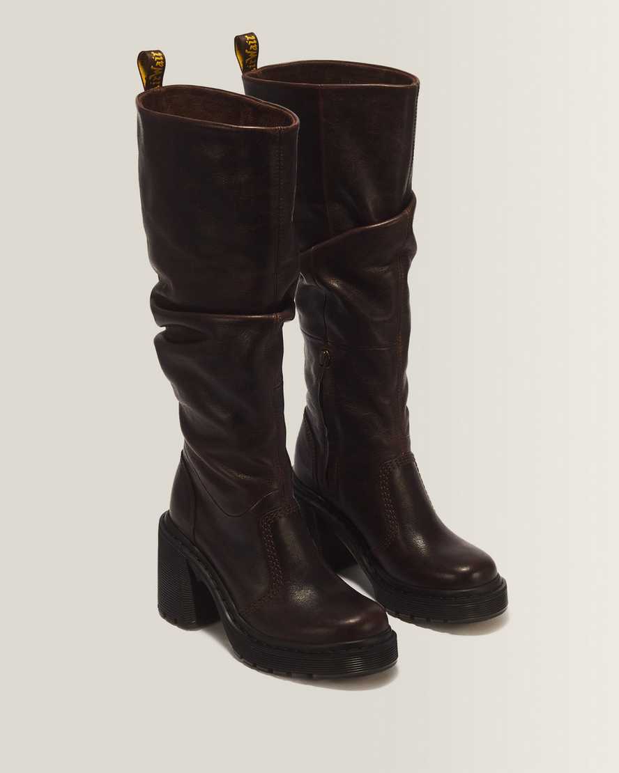 Kasey Kinsley Leather Knee High Heeled Boots — DARK BROWN