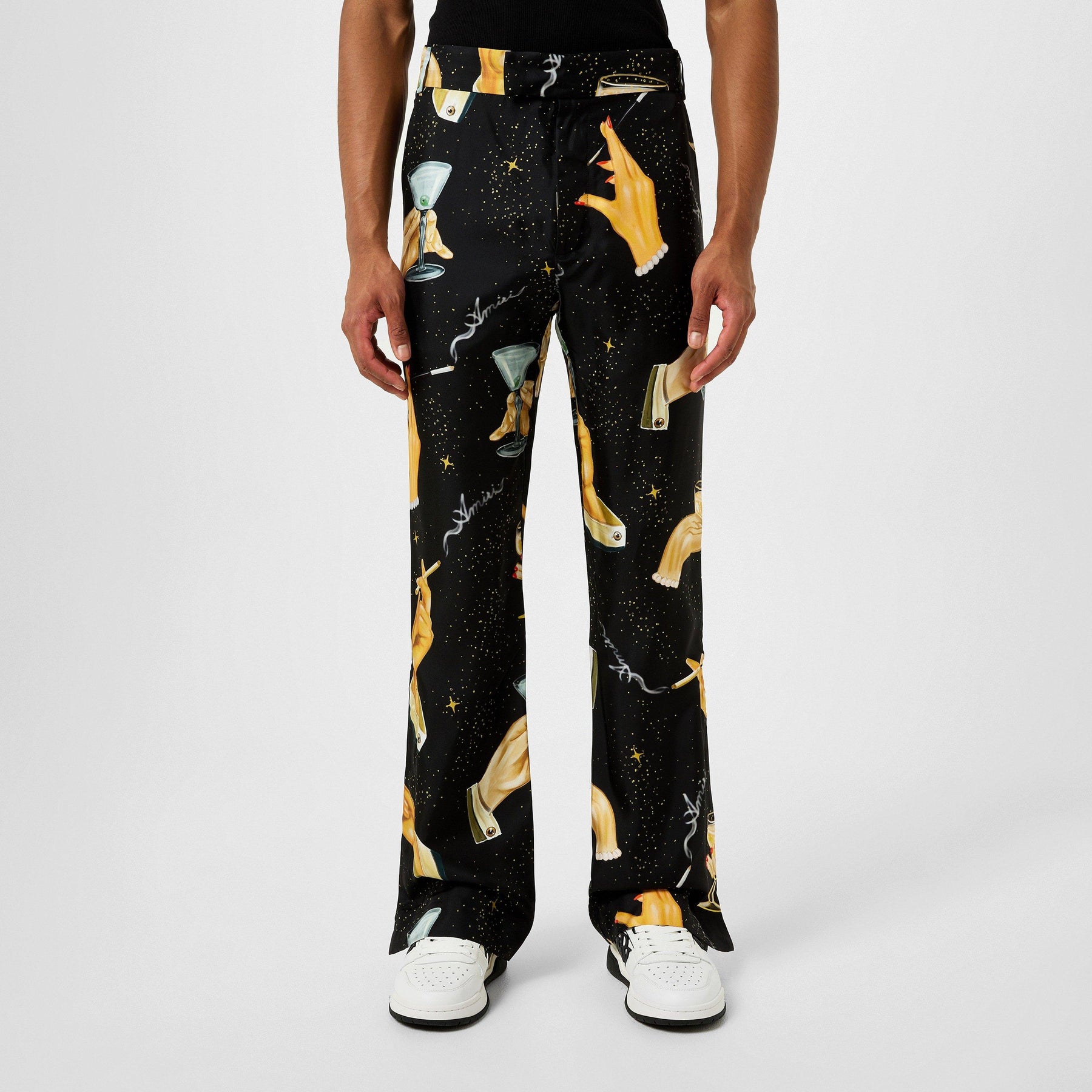 Champagne Graphic-Print Wide-Leg Silk Trousers