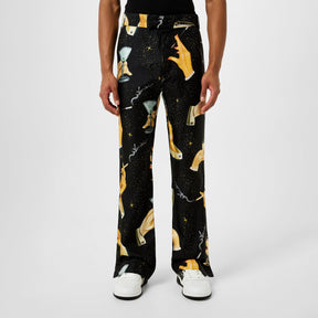 Champagne Graphic-Print Wide-Leg Silk Trousers
