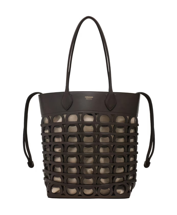 Brown Leather Tote Bag with Cut-Out