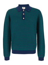 Casablanca 'Mini Wave' Blue Polo Shirt with Logo Embroidery on the Collar and All-Over Striped Motif in Wool Man