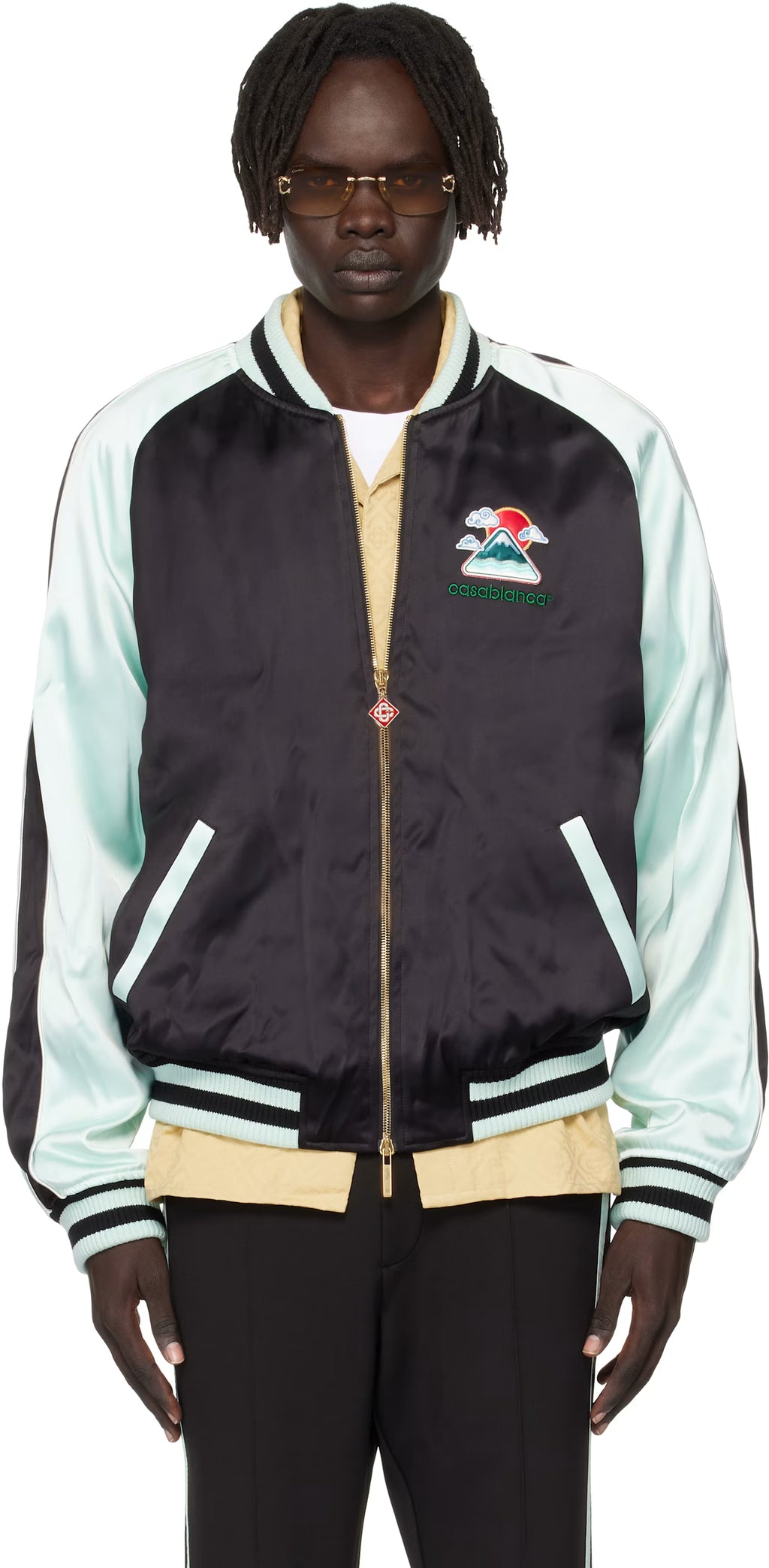 Green & Black Embroidered Satin Bomber Jacket