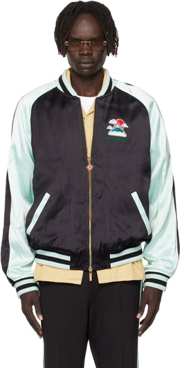 Green & Black Embroidered Satin Bomber Jacket