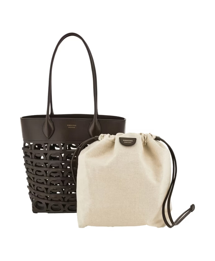 Brown Leather Tote Bag with Cut-Out