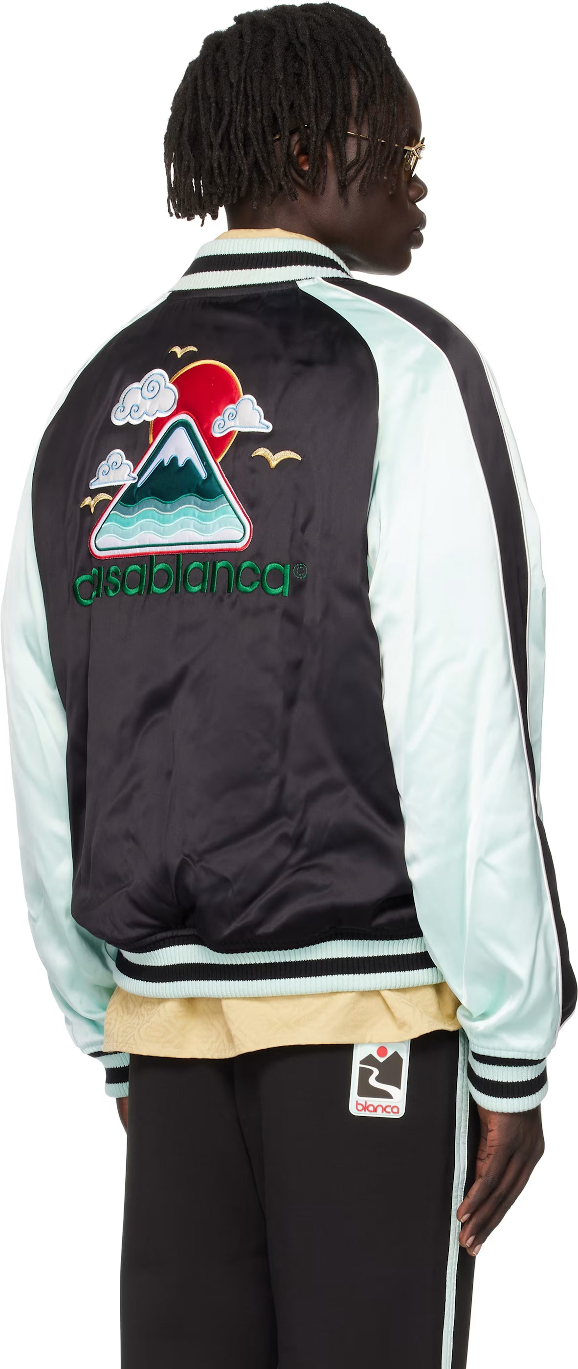 Green & Black Embroidered Satin Bomber Jacket