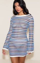 Blue Stripe Crochet Knit Mini Dress