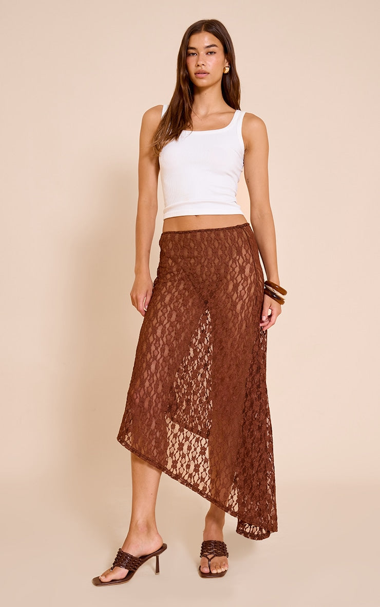 Brown Asymmetric Lace Midaxi Skirt