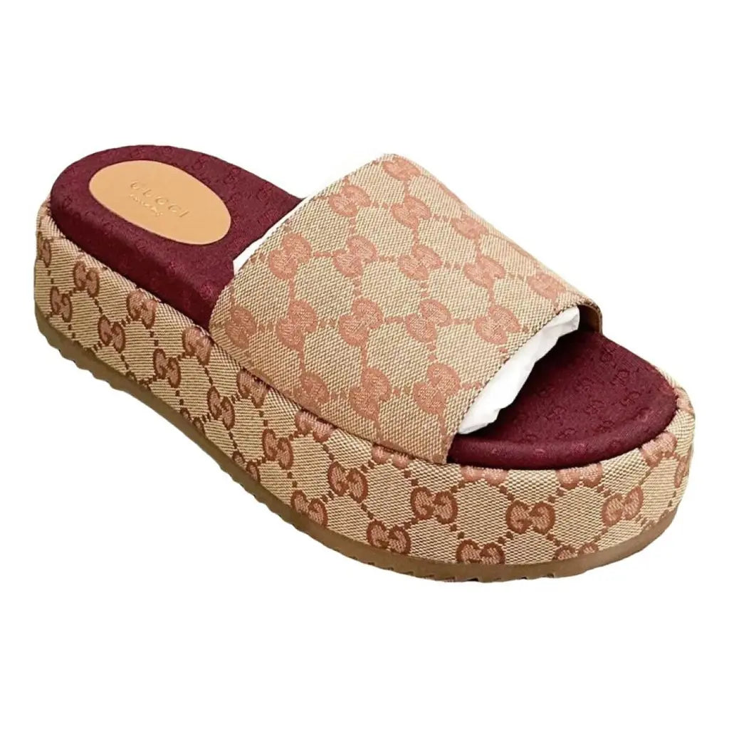 Gucci GG Canvas Platform Slide Sandals – Beige/Burgundy