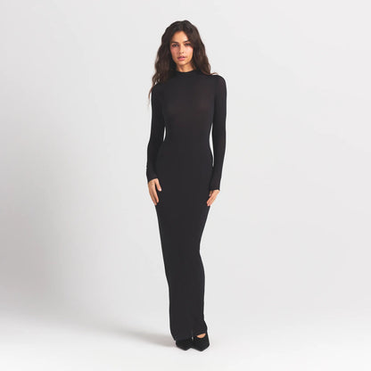 Milky Sheer Mock Neck Long Sleeve Long Dress