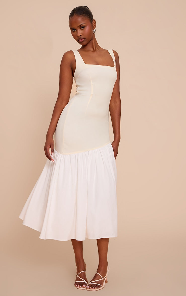 Lemon Contrast Pleated Hem Square Neck Midaxi Dress