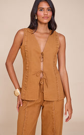 Tan Tie Front Linen Look Sleeveless Top