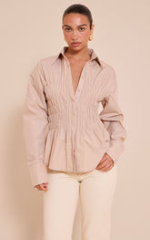 Stone Shirred Fitted Shirt