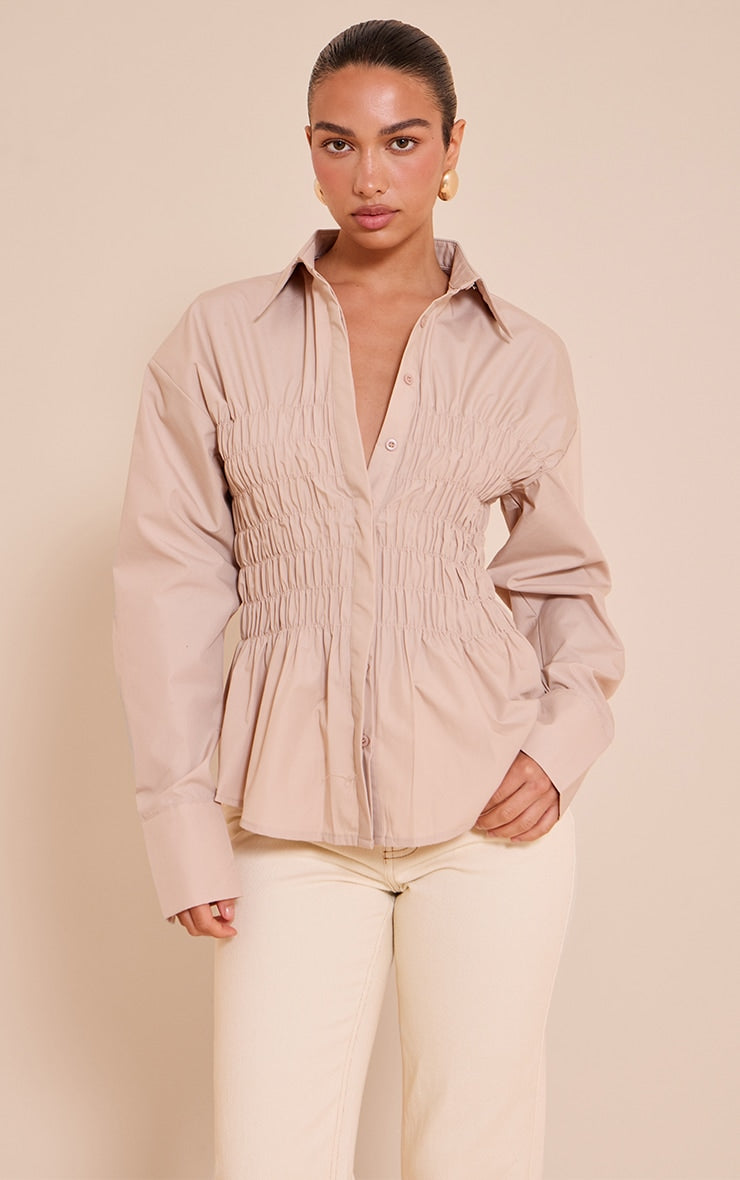 Stone Shirred Fitted Shirt