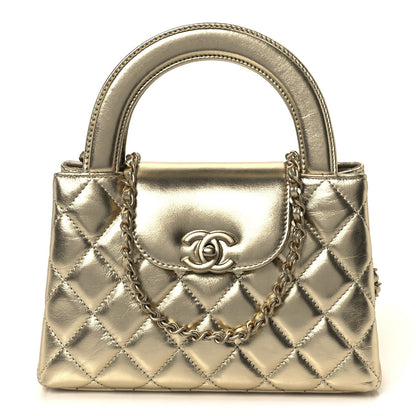 Metallic Shiny Aged Calfskin Quilted Nano Kelly Shopper Gold